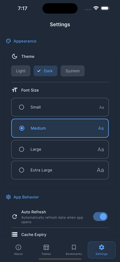 Settings screen of the Rad Onc Tables app showing theme and font size options