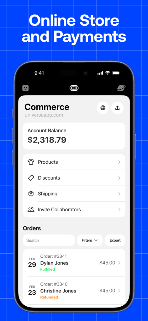Universe Website Builder - Mobile commerce dashboard for managing online store payments and orders