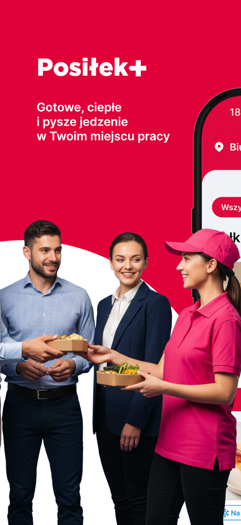 A delivery person in a pink uniform handing healthy lunch boxes to two office workers in business attire.
