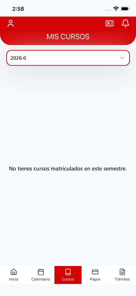 Aplicación Móvil USAT - Interface of the USAT mobile app showing the My Courses section for a student with no current enrollments