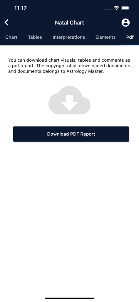 Astrology Master - Astrology Master app screen showing the option to download a natal chart as a PDF report