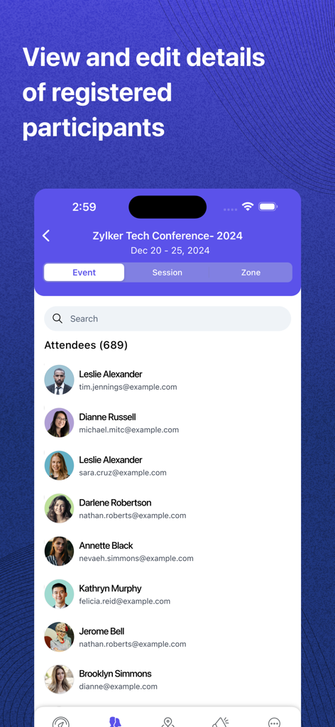 Zoho Backstage for Organizers - App interface displaying a list of registered event participants with names and contact details