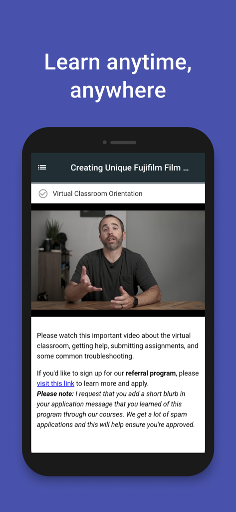 Peltier Photo Courses - Smartphone screen displaying a photography video lesson from Peltier Photo Courses
