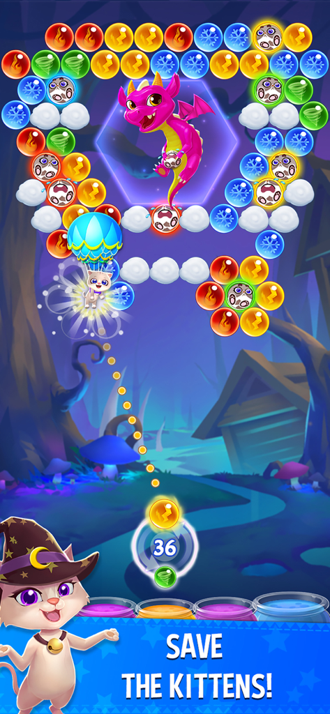 Bubble & Dragon - Bubble and Dragon-Gameplay zeigt, wie Blasen platzen, um Kätzchen vor einem Drachen zu retten.