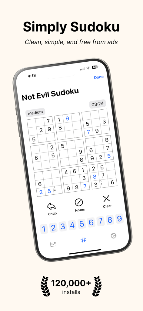 Una pantalla de iPhone que muestra una interfaz de puzzle Sudoku limpia y minimalista de la app Not Evil Sudoku