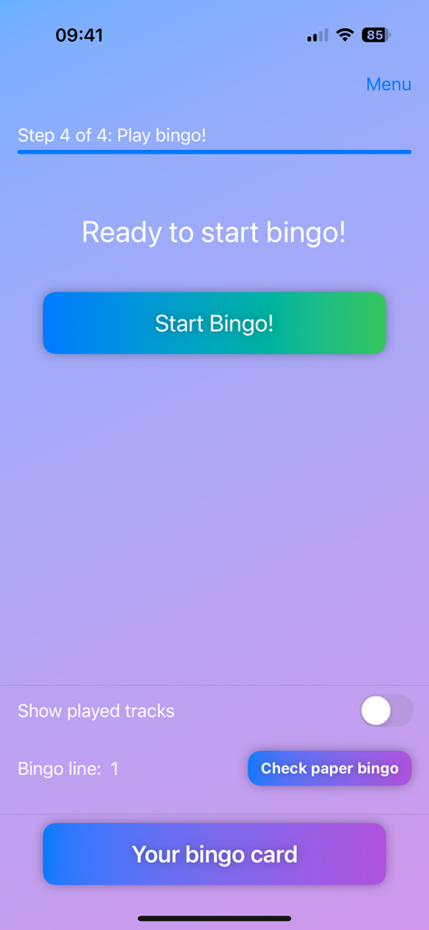 Interfaz de la aplicación móvil que muestra el último paso para iniciar una sesión de juego de song bingo con botones para iniciar el juego y ver las tarjetas de bingo.