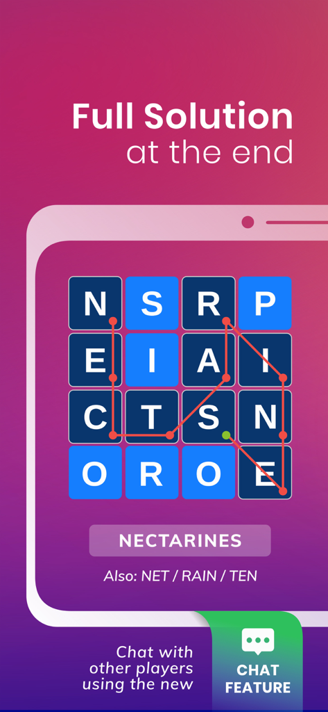 WordHero: word search game - WordHero game interface showing a 4x4 grid with the word nectarines highlighted and a chat feature notification
