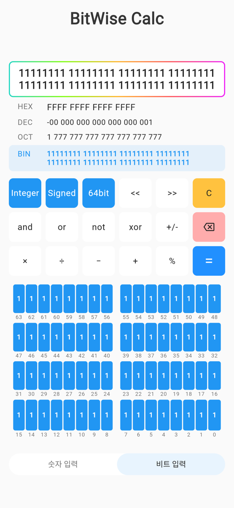 BitWise Calculator Pro interface displaying 64-bit binary hex and decimal conversions with a visual bit pad