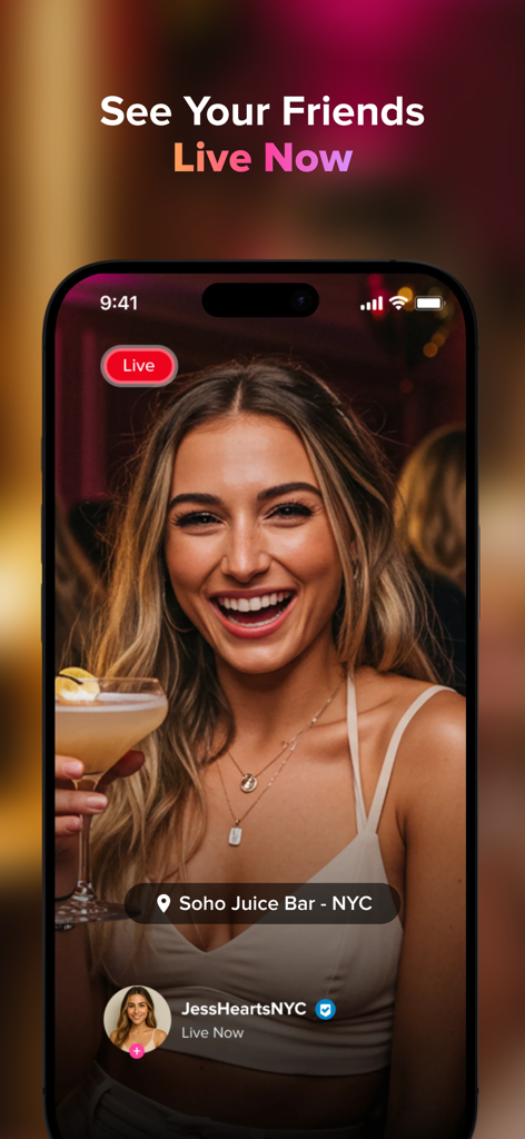A smartphone screen showing a live video of a smiling woman at a New York bar on the Atmosfy app