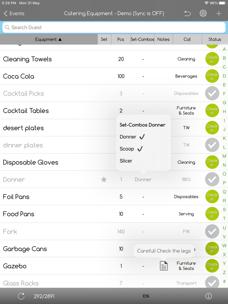 iPad interface of the e-GuestList app showing a catering equipment check-in list with customized columns and status icons.