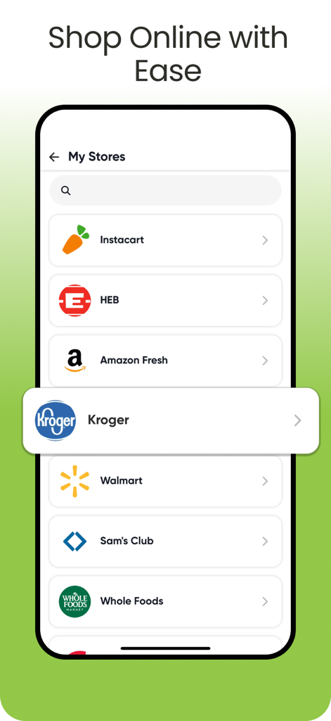 a better meal - Meal Planner - Tela do aplicativo A Better Meal mostrando supermercados integrados como Walmart, Kroger e Instacart para compras online.