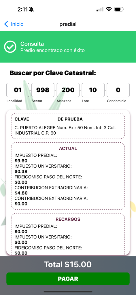 Juárez Conectado - Screenshot of the Juárez Conectado app showing the property tax payment screen with the total amount and a pay button.