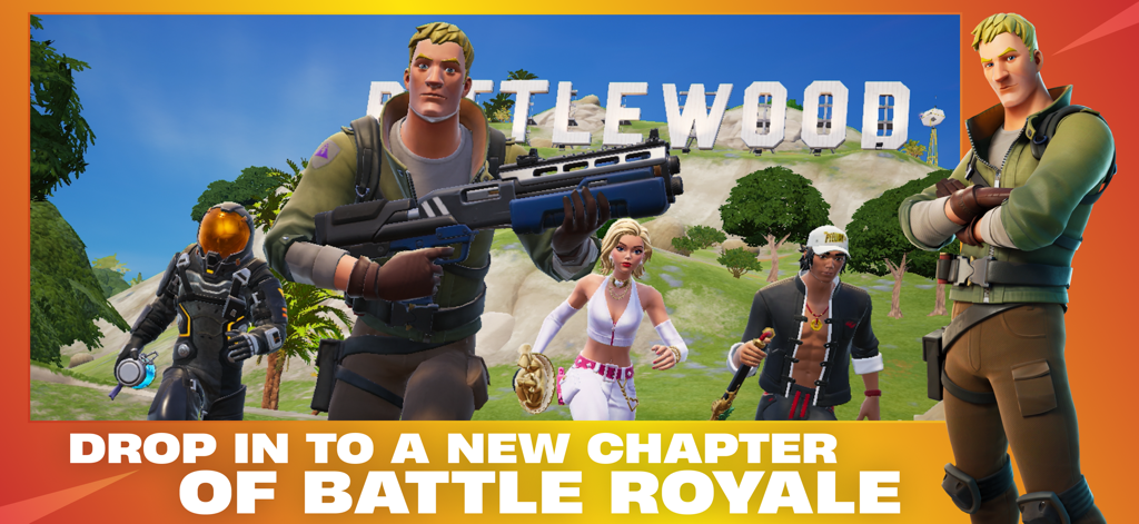Fortnite - Personajes de Fortnite de pie frente al letrero de Battlewood promocionando un nuevo capítulo de Battle Royale