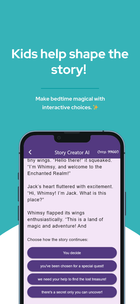 Storybook AI: Bedtime stories - Mobile app screenshot of Storybook AI showing interactive choices for a children's bedtime story where kids help shape the narrative.
