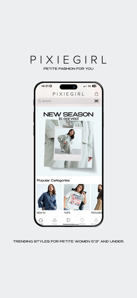 PIXIEGIRL | PETITE FASHION - Interface do aplicativo móvel PixieGirl exibindo estilos de moda para pequenas de até 1,60m