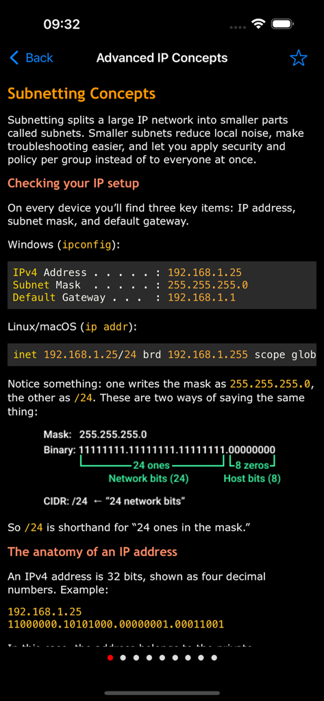 Learn Computer Networking - Educational screen showing advanced IP concepts and subnetting tutorials including binary conversions and network commands