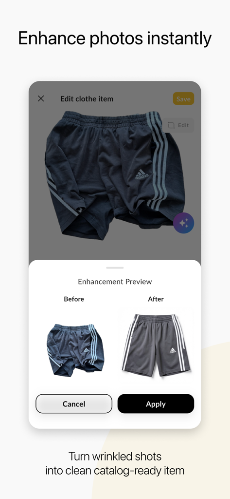 Outfitly: Closet Studio - Outfitly app interface demonstrating AI photo enhancement of clothing from wrinkled to catalog-ready