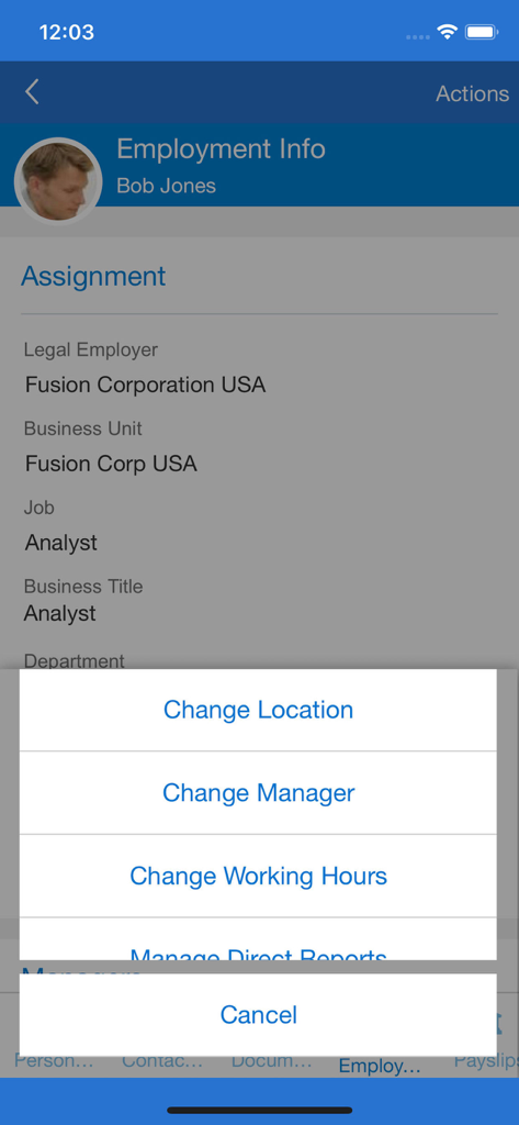 Mobile screen of Oracle Fusion showing employee assignment details and a manager action menu