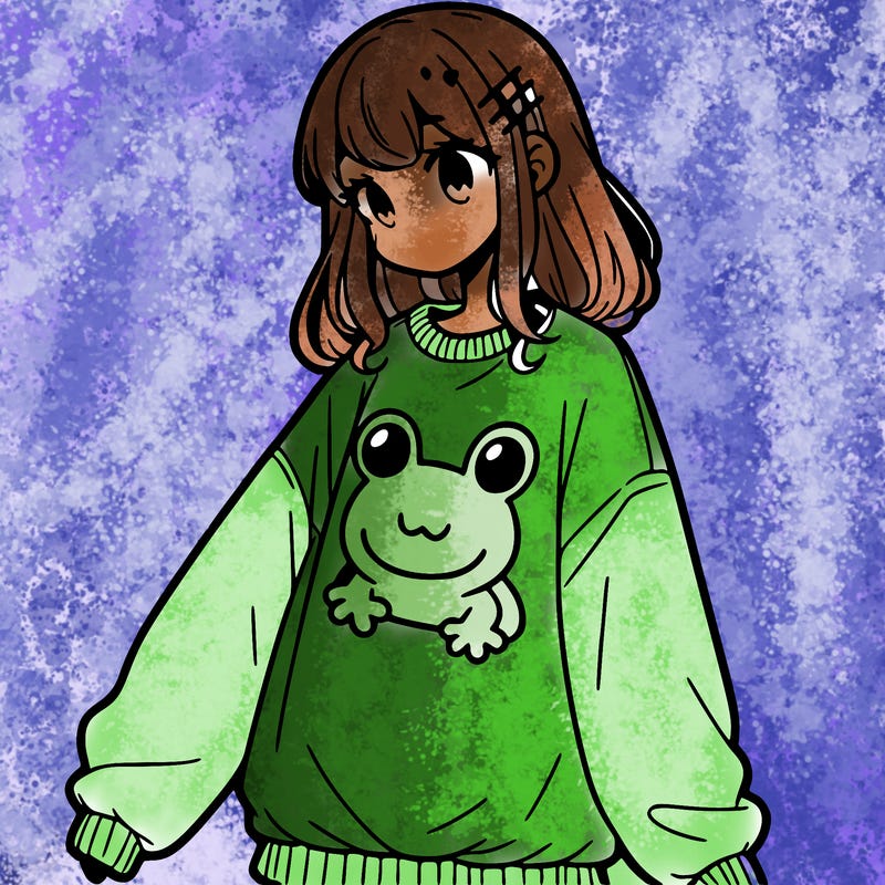 girl wearing frogging sweatshirt