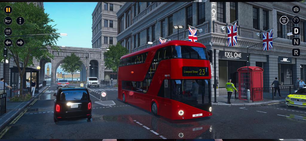 Un autobús de dos pisos rojo conduciendo por una calle realista de Londres con el Big Ben de fondo