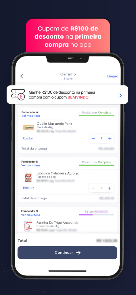 Cayena B2B app shopping cart screen displaying various food wholesale items from different suppliers and a first purchase discount banner