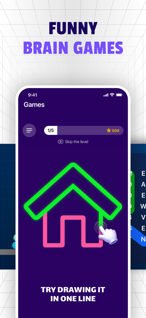 IQ Booster: Brain Games & Test - IQ Booster app interface showing a logic game where the user draws a house in one line