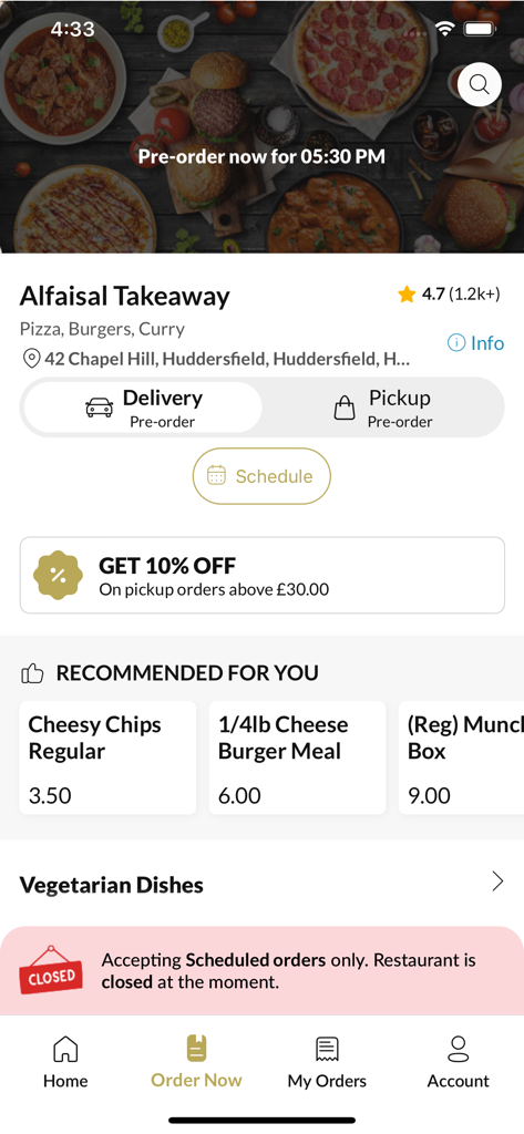 Alfaisal Takeaway - Alfaisal Takeaway mobile app interface showing menu recommendations and delivery options