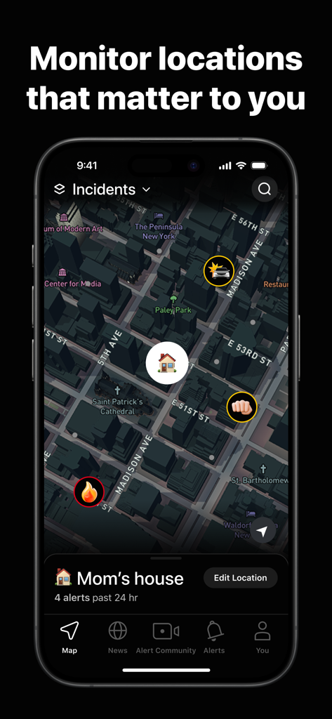 Smartphone screen showing real-time safety alerts on a city map in the Citizen app