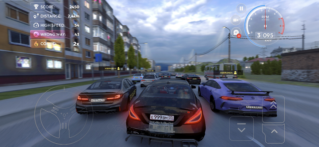 Gameplay of Traffic Racer Russian Village showing cars driving through a provincial city street