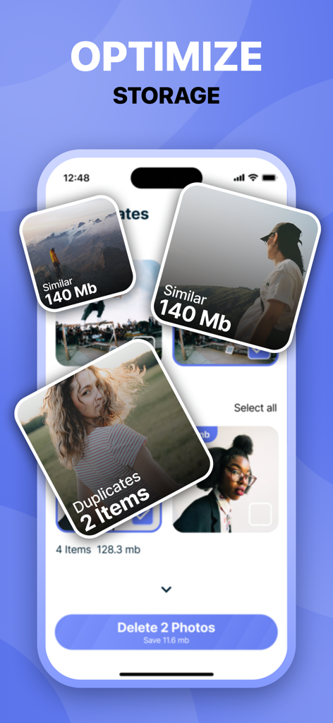 AI 클리너 앱 인터페이스가 저장 공간 최적화를 위해 중복 및 유사한 사진 감지를 보여줍니다.