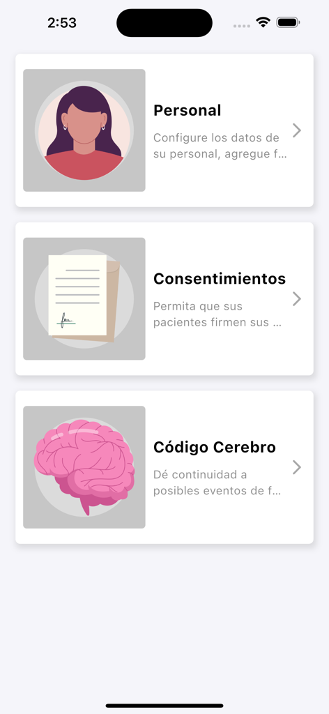 Menú principal de la aplicación médica INFOSALUD FIRMAS mostrando secciones para la gestión del personal y los formularios de consentimiento del paciente.