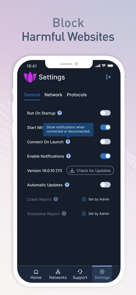 Harmony SASE app settings screen showing configuration options for startup, connectivity, and notifications under the heading Block Harmful Websites.