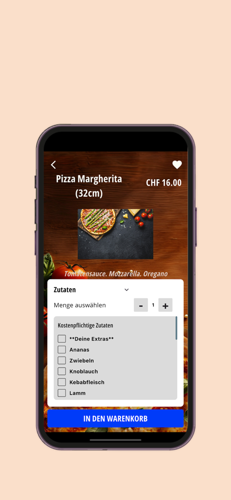 Pantalla de pedido de Pizza Margarita con opciones de personalización en la aplicación Mali Pizza Kebap