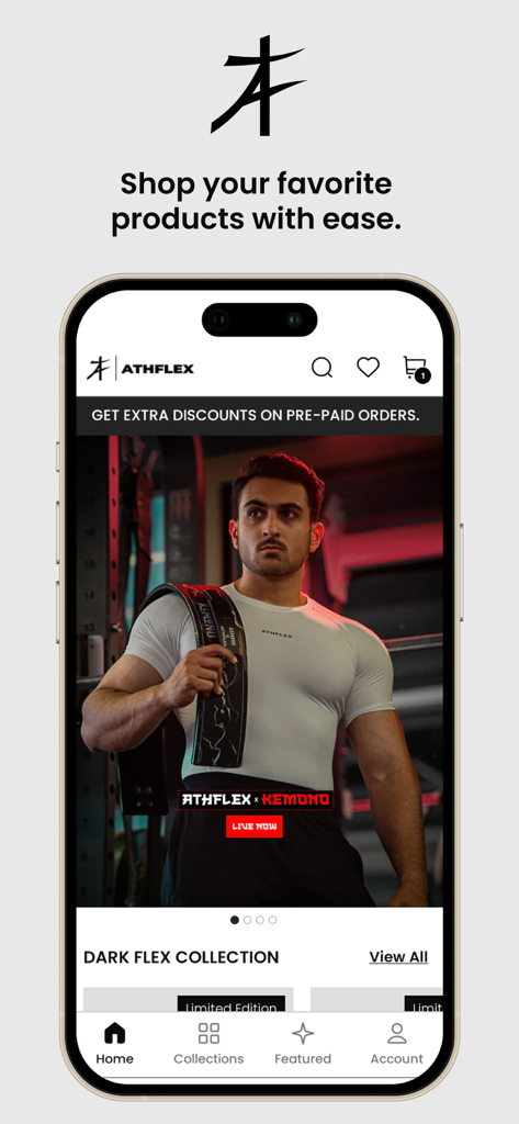 Athflex - Athflex mobile app home screen showing a male model in white compression gymwear with a lifting belt.
