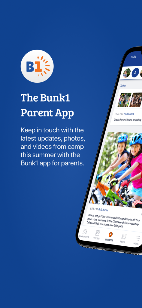 Bunk1 - Bunk1 app home screen for parents displaying a photo feed of children at summer camp