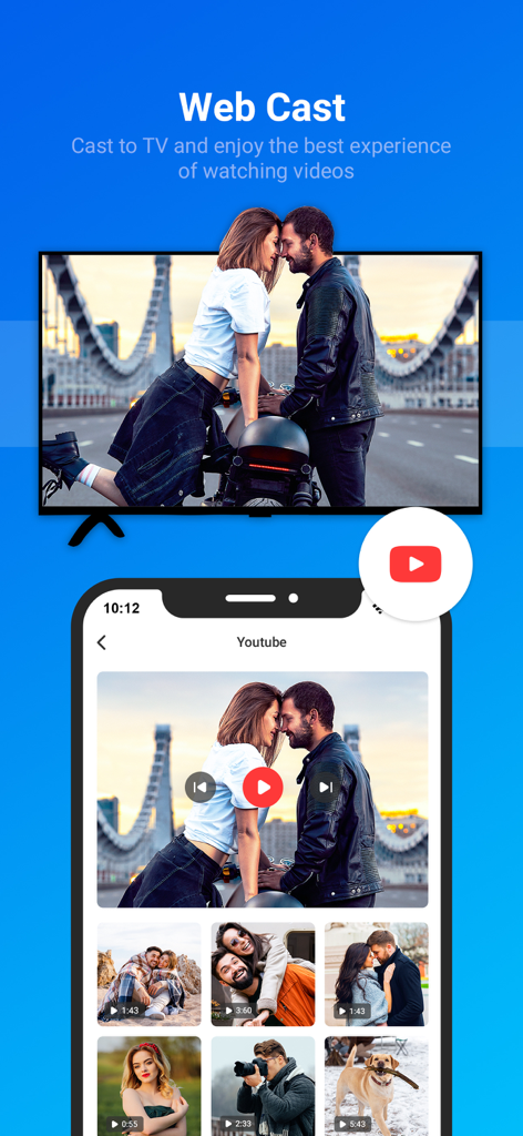 CastPlay - Cast to TV - Duplicación de video web: la pantalla de un iPhone transmitiendo un video de YouTube a una gran pantalla de Smart TV usando CastPlay