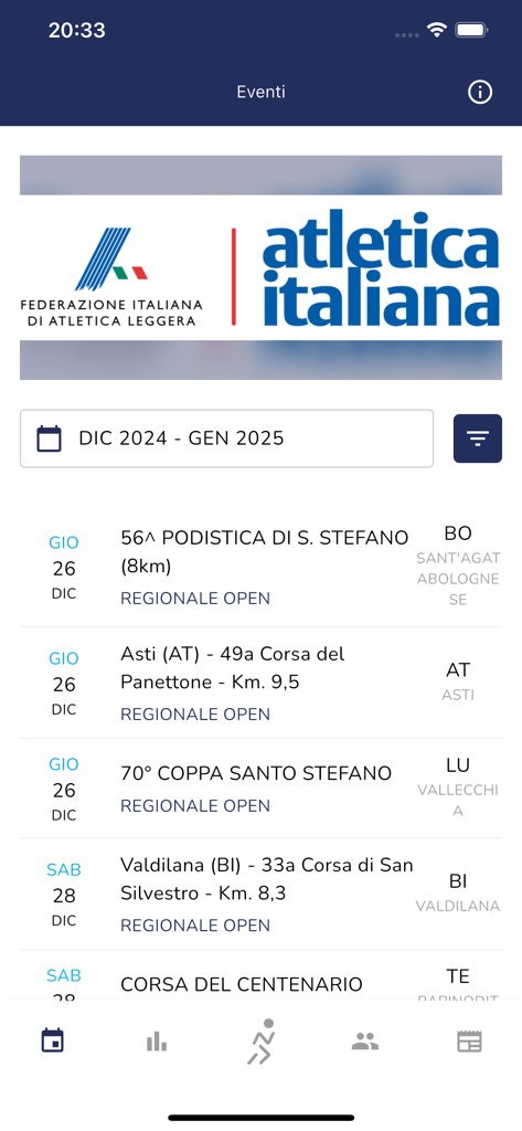 RunCard FIDAL - Capture d'écran de l'application RunCard FIDAL affichant une liste des prochains événements officiels de course d'athlétisme en Italie.