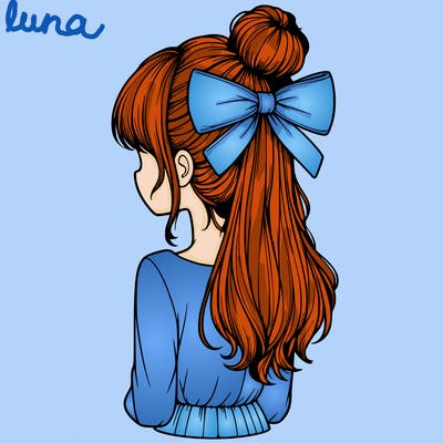 realistic girl  with hip length hair a bun and a big bow on the back of head