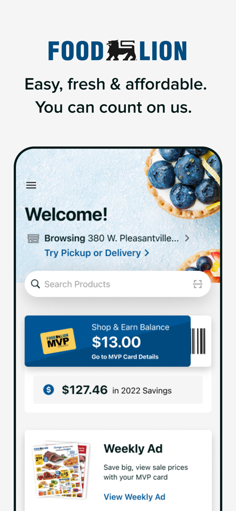 Food Lion - Food Lion mobile app home screen showing MVP rewards balance and weekly ad