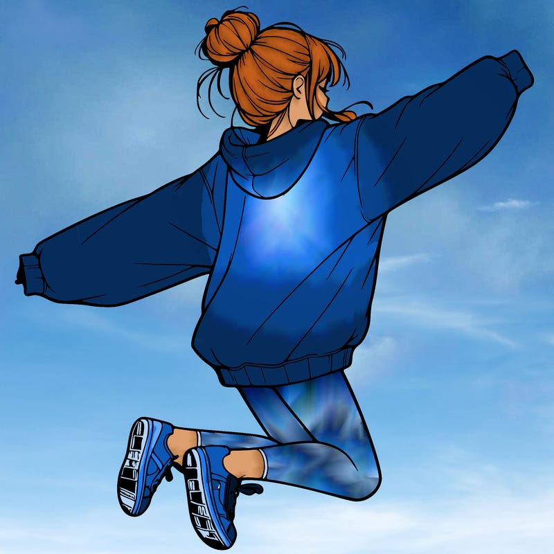 realistic girl jumping with a bun and oversized sweatshirt