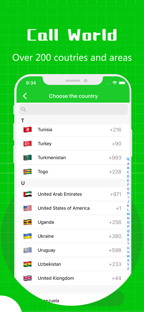Easy Call app screenshot showing international calling destinations and country codes