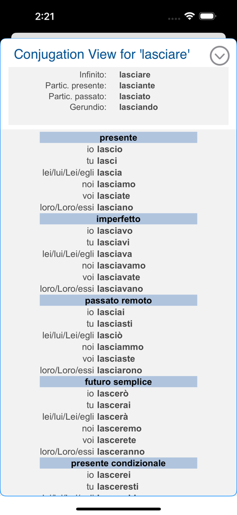 Tabelle mit italienischen Verbkonjugationen für lasciare in verschiedenen Zeitformen