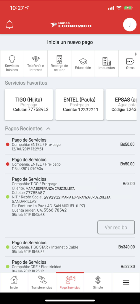 Banco Económico - Interface móvel do aplicativo Banco Economico mostrando opções de pagamento de serviços e histórico de transações na Bolívia.