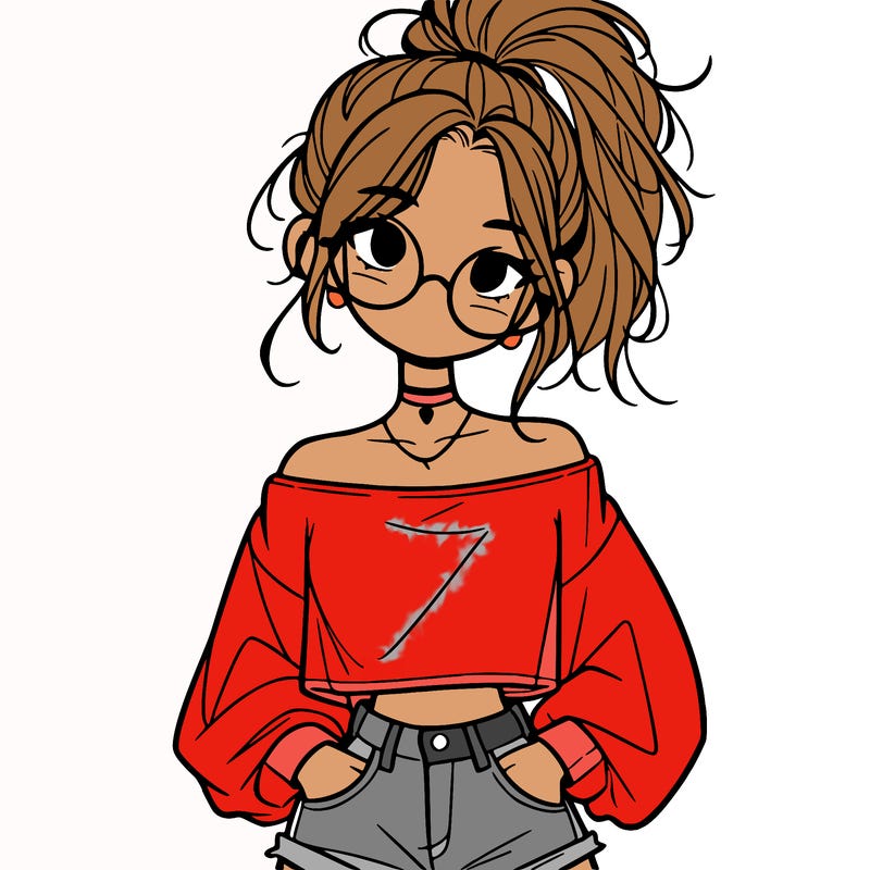 girl with a messy ponytail glasses a baggy crop top and jean shorts