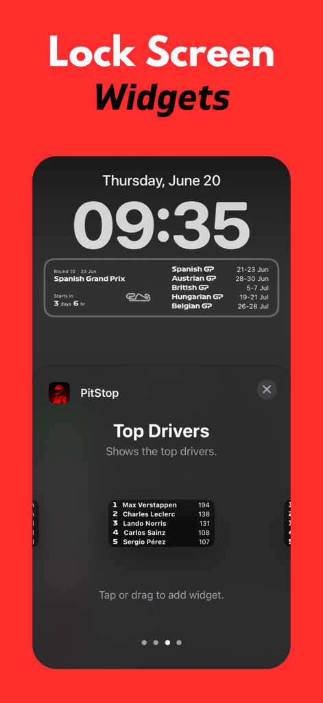 Race Widgets: PitStop Pro - F1-Lock-Screen-Widgets mit Rennplan und Fahrer-Ranglisten