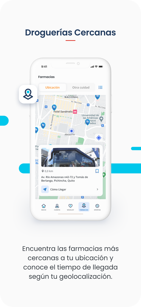 Fybeca Ecuador App - Bildschirm der mobilen App, der eine Karte mit nahegelegenen Fybeca Apothekenstandorten in Ecuador anzeigt.