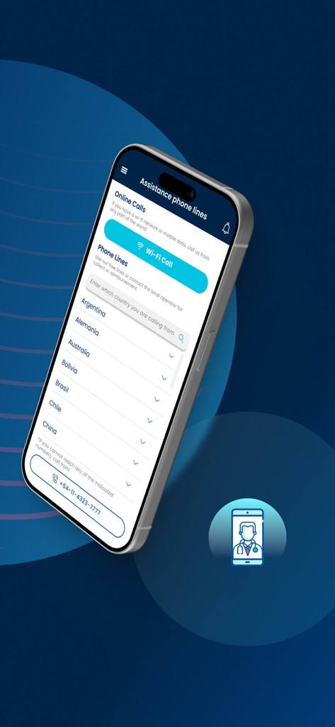 Aplicación móvil Universal Assistance que muestra líneas telefónicas de emergencia internacionales y opciones de llamadas por Wi-Fi para viajeros.
