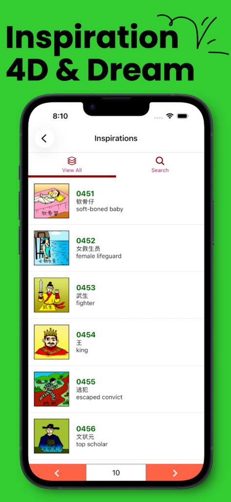 A mobile application screen showing a 4D dream dictionary where illustrations of various characters and items are paired with lottery numbers.