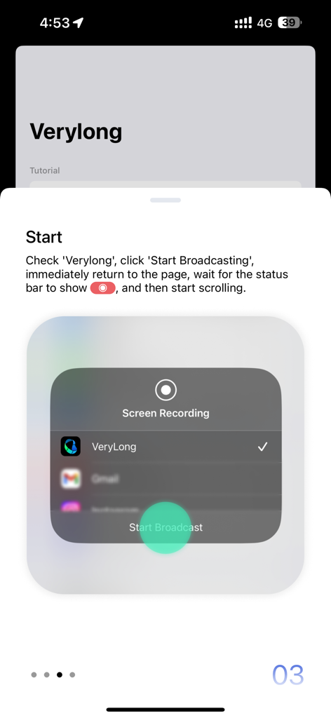 Tutorial passo 3 che mostra come avviare la trasmissione di registrazione VeryLong su iOS