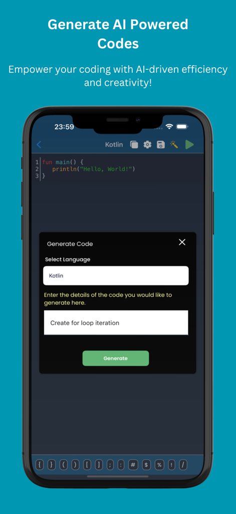 Interfaccia dell'app mobile per la generazione di codice potenziato dall'AI in Kotlin.